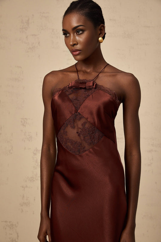 Paolina Bordeaux Red Maxi Dress with Lace Panelling