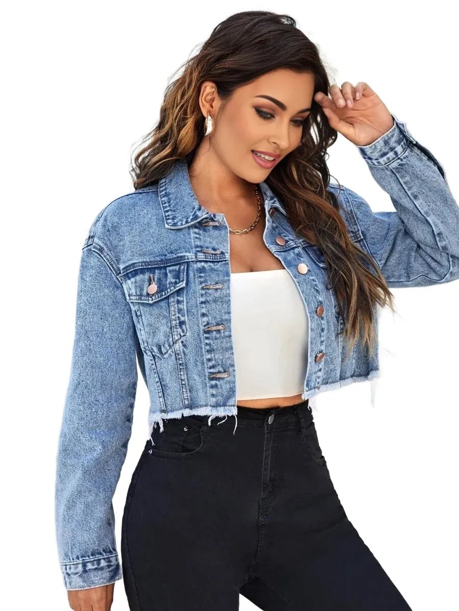 Paolina Cropped Denim Jacket with Frayed Hem in Blue - Blue