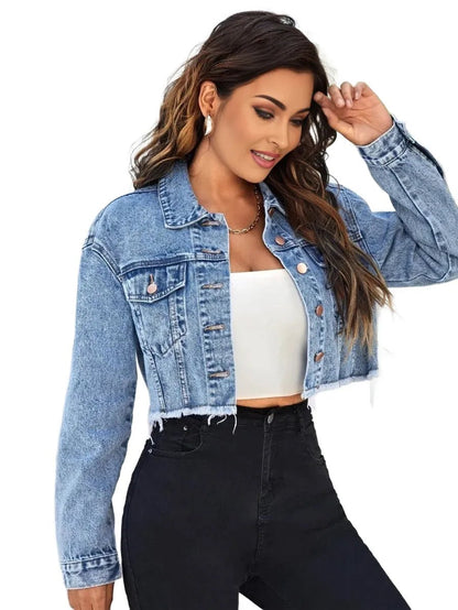 Paolina Cropped Denim Jacket with Frayed Hem in Blue - Blue