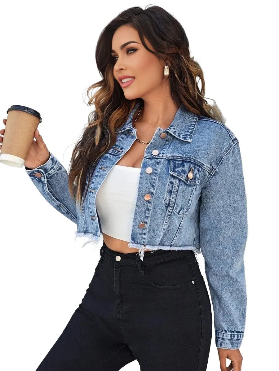 Paolina Cropped Denim Jacket with Frayed Hem in Blue - Blue
