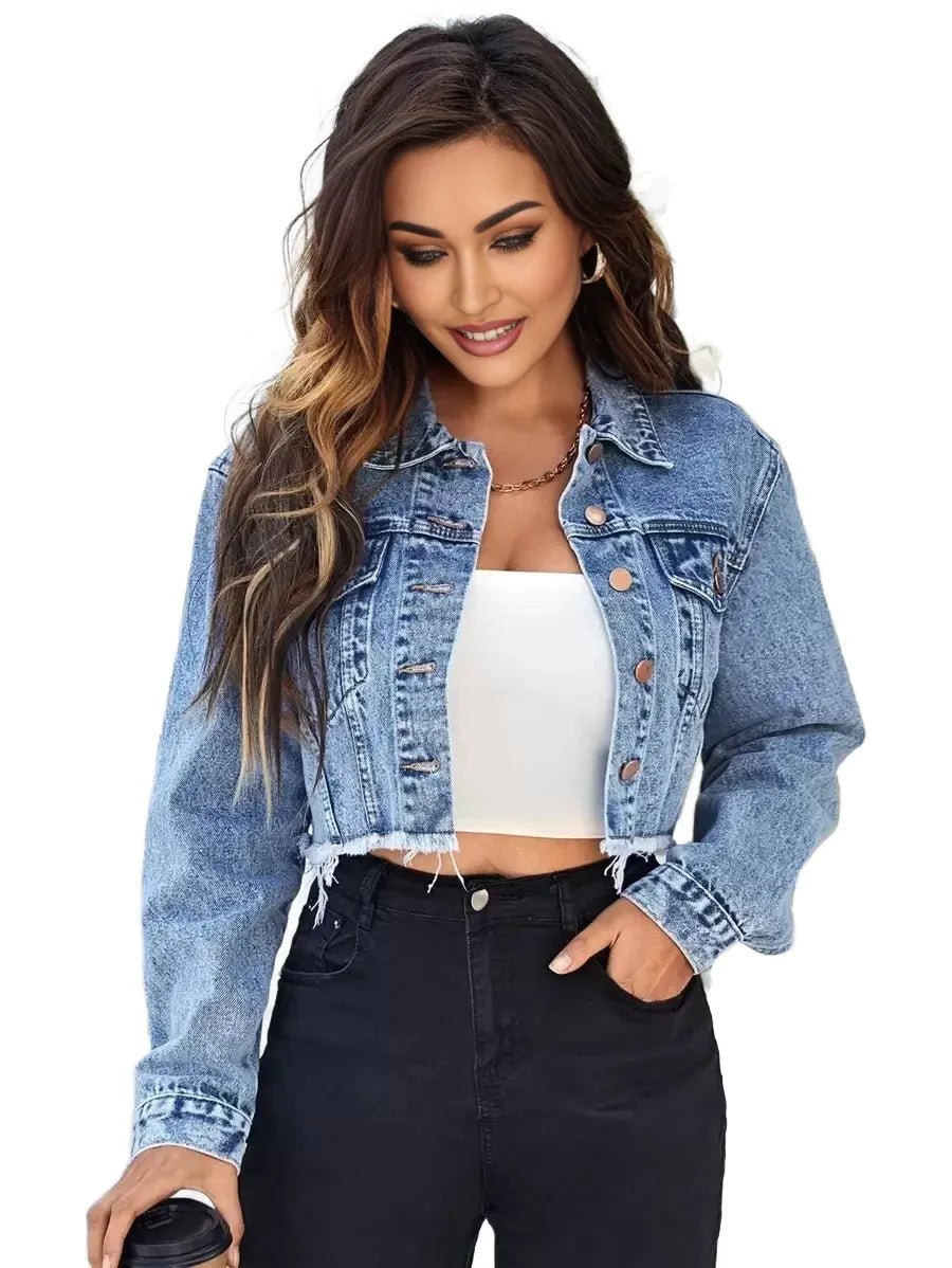 Paolina Cropped Denim Jacket with Frayed Hem in Blue - Blue