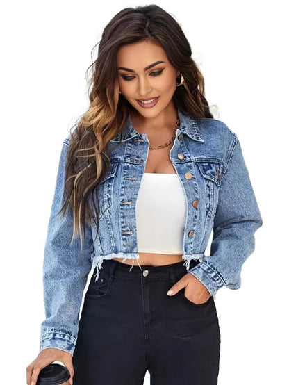 Paolina Cropped Denim Jacket with Frayed Hem in Blue - Blue