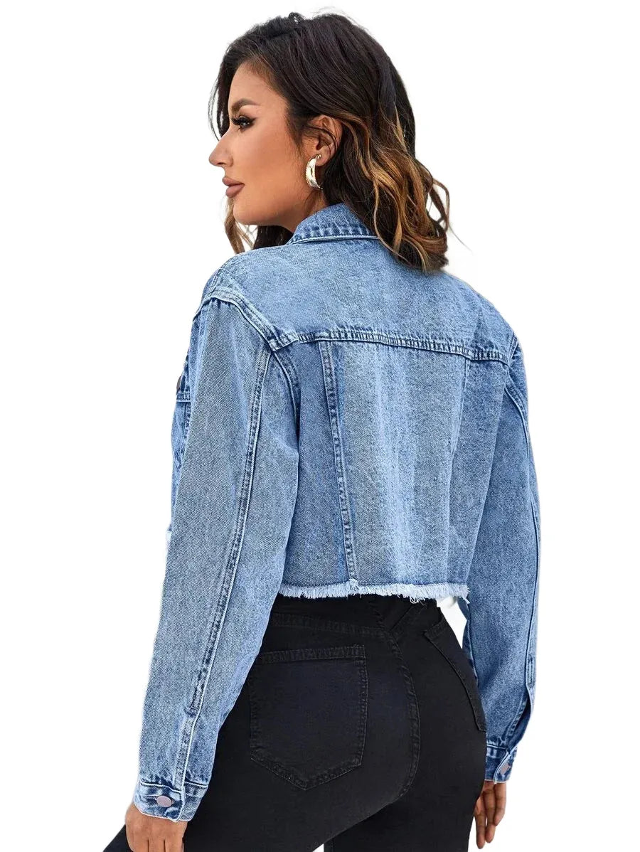 Paolina Cropped Denim Jacket with Frayed Hem in Blue - Blue