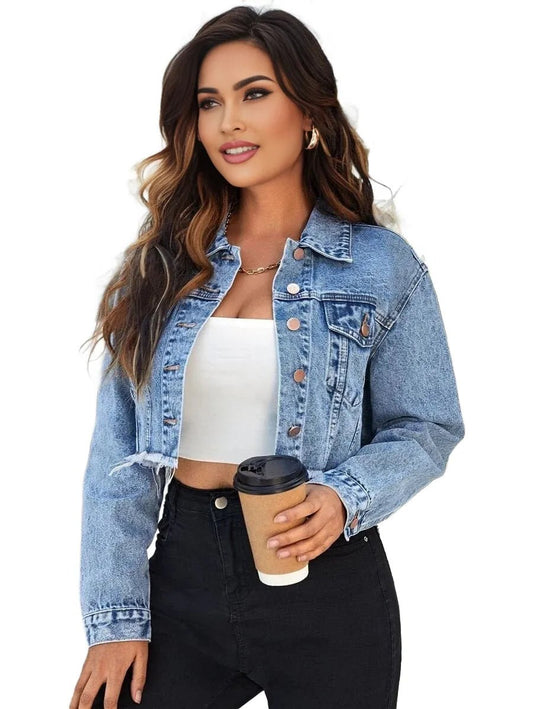 Paolina Cropped Denim Jacket with Frayed Hem in Blue - Blue