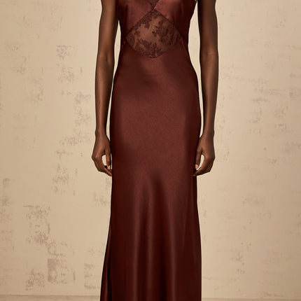 Paolina Bordeaux Red Maxi Dress with Lace Panelling