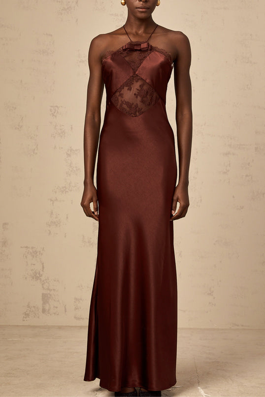 Paolina Bordeaux Red Maxi Dress with Lace Panelling