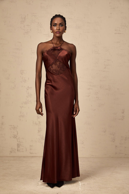 Paolina Bordeaux Red Maxi Dress with Lace Panelling