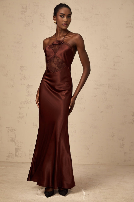 Paolina Bordeaux Red Maxi Dress with Lace Panelling