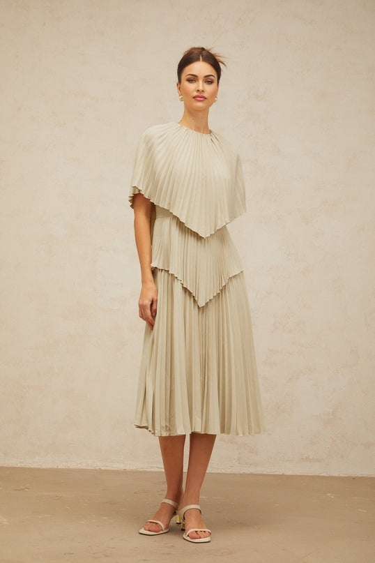 Paolina Midi Dress in Neutrals with Cape Design and Pleated Detailing