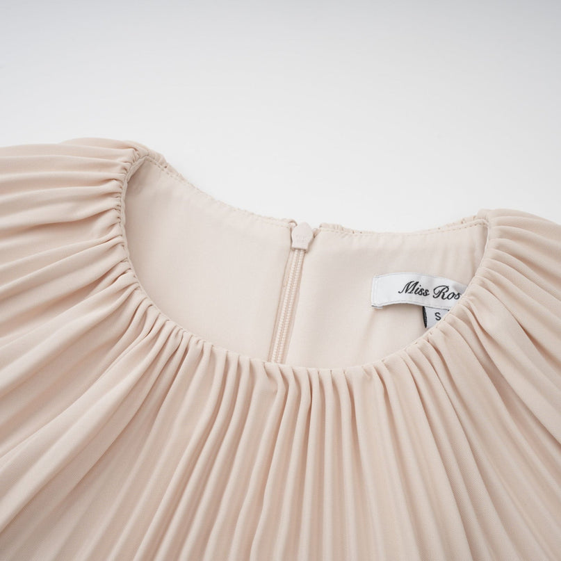 Paolina Midi Dress in Neutrals with Cape Design and Pleated Detailing