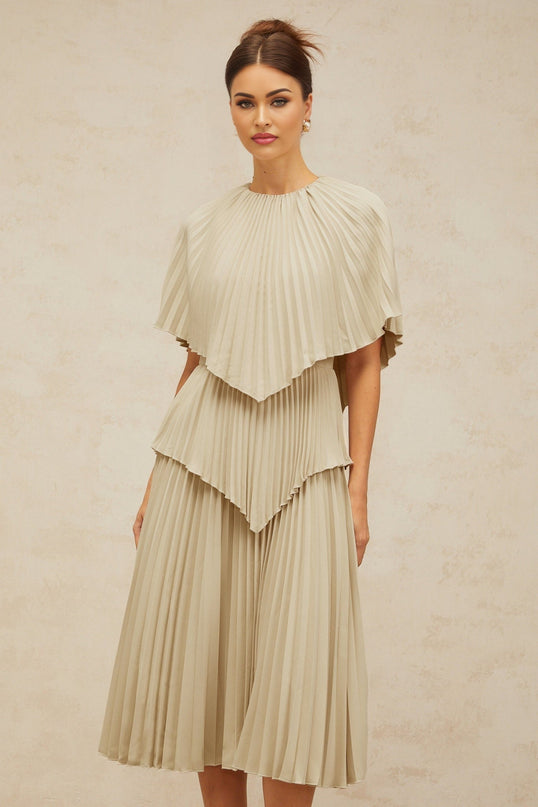 Paolina Midi Dress in Sophisticated Neutrals with Cape Design and Pleated Detailing