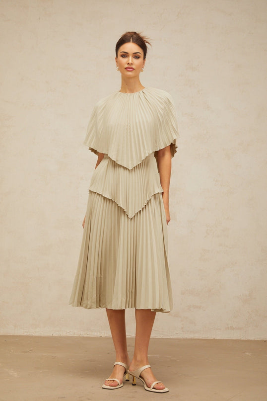 Paolina Midi Dress in Neutrals with Cape Design and Pleated Detailing