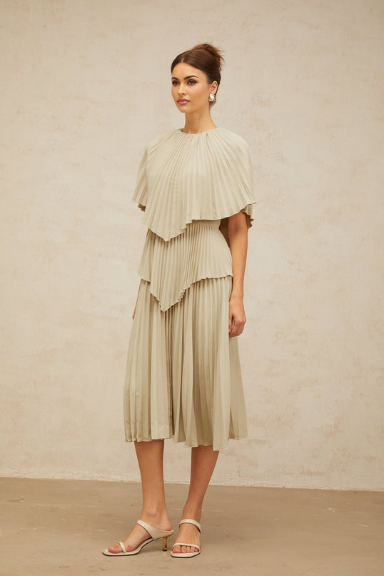 Paolina Midi Dress in Neutrals with Cape Design and Pleated Detailing