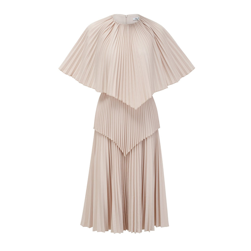 Paolina Midi Dress in Neutrals cape design and pleated detailing calf-length silhouette rear zip fastening 100% Terylene fiber