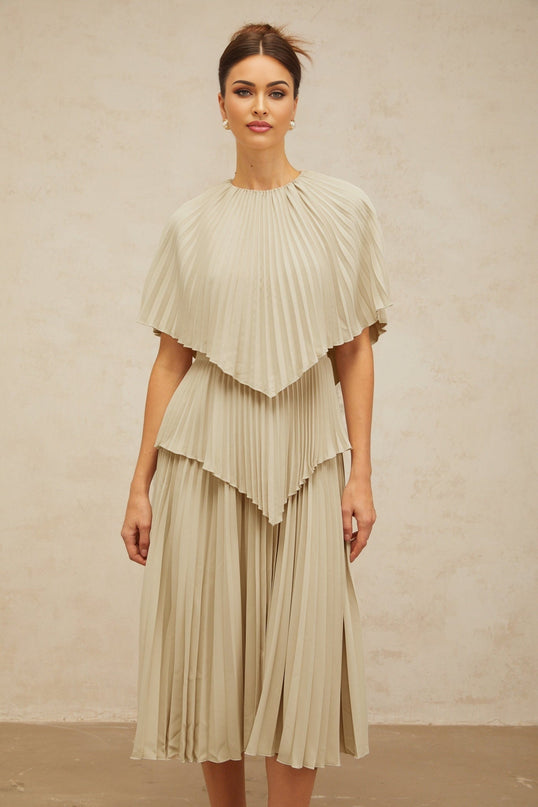 Paolina Midi Dress in sophisticated neutrals with cape design and pleated detailing