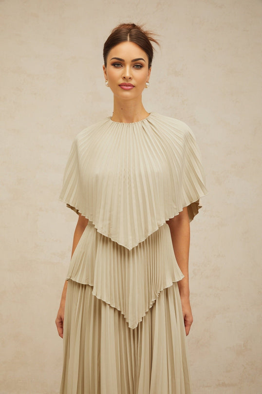 Paolina Midi Dress in Neutrals with Cape Design and Pleated Detailing