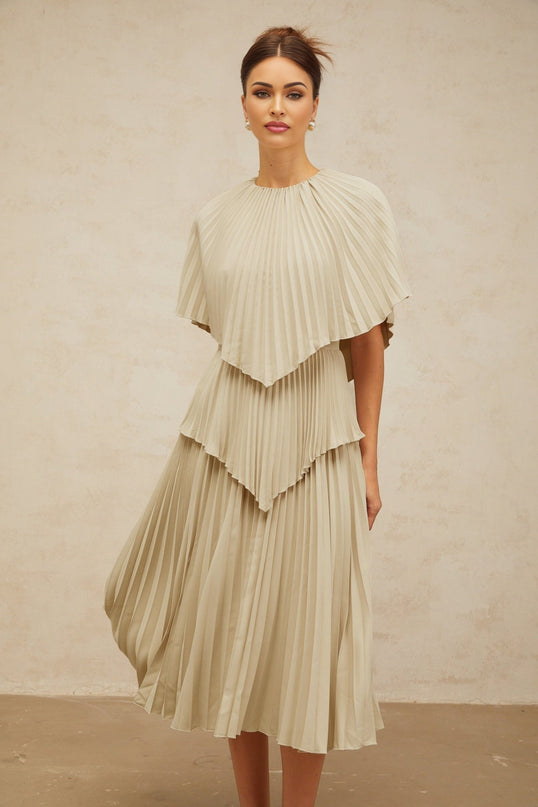 Paolina Midi Dress in sophisticated neutrals with cape design and pleated detailing