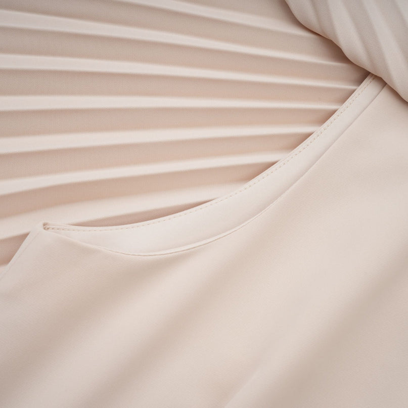 Paolina Midi Dress in Neutrals cape design pleated detailing calf-length silhouette rear zip fastening 100% Terylene fiber