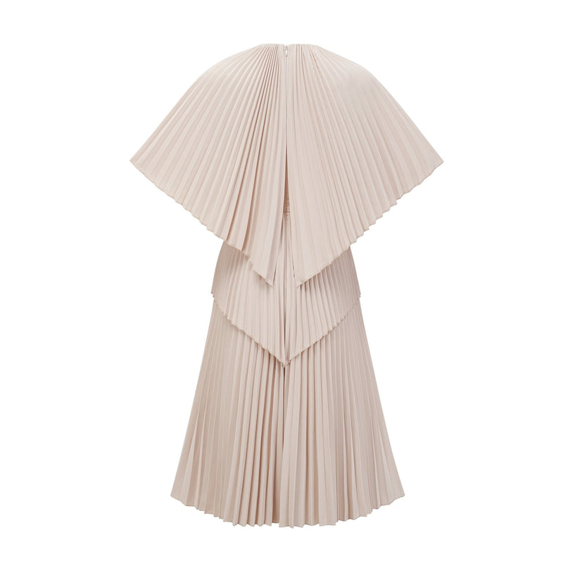 Paolina Midi Dress in Neutrals cape design pleated detailing calf-length silhouette rear zip fastening 100% Terylene fiber