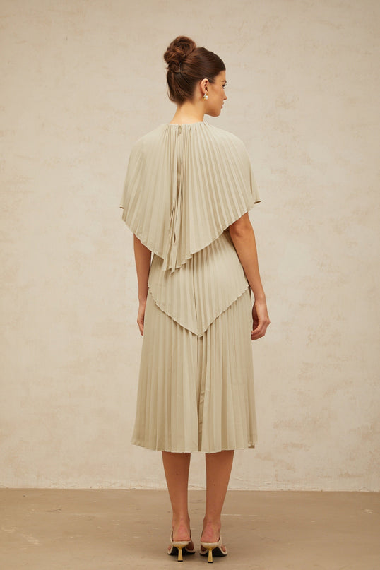 Paolina Midi Dress in Sophisticated Neutrals Cape Design Pleated Detailing