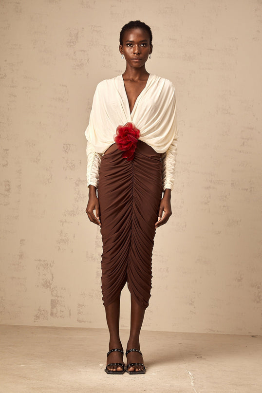 Paolina White Flower Brooch Midi Dress with V-Neckline and Ruched Detailing