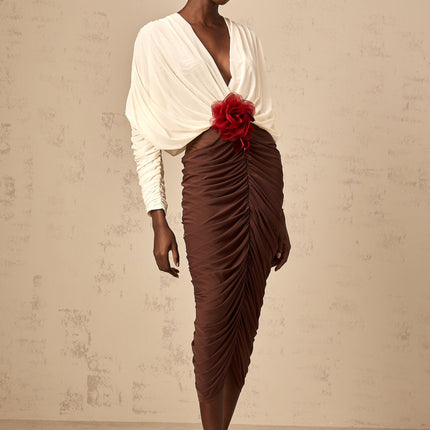 Paolina White Flower Brooch Midi Dress