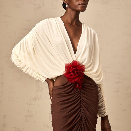 Paolina White Flower Brooch Midi Dress with Ruched Detailing