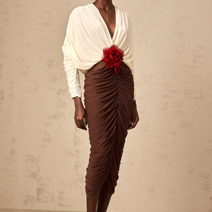 Paolina White Flower Brooch Ruched Midi Dress
