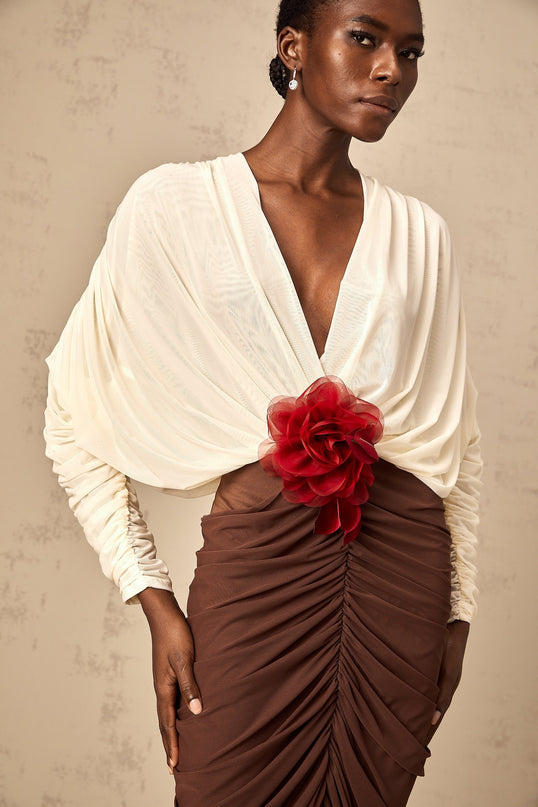 Paolina White Flower Brooch Ruched Midi Dress
