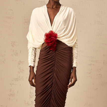 Paolina White Midi Dress with Flower Brooch Detail and Ruched Design