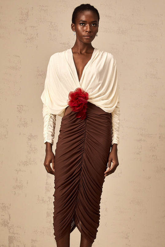 Paolina White Midi Dress with Flower Brooch Detail and Ruched Design