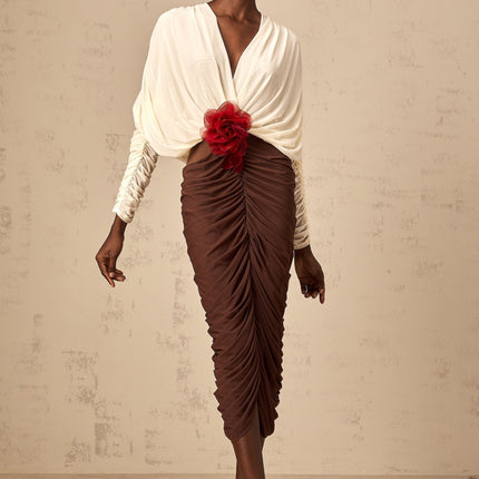 Paolina White Midi Dress with Flower Brooch Detail and Ruched Design