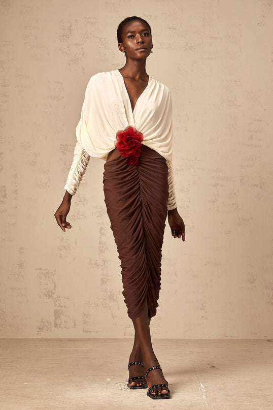 Paolina White Midi Dress with Flower Brooch Detail and Ruched Design
