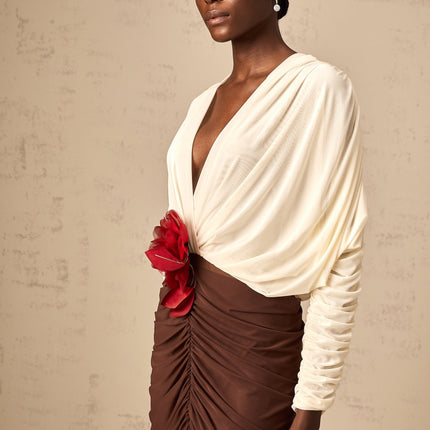 Paolina White Midi Dress with Flower Brooch Detail and Ruched Design