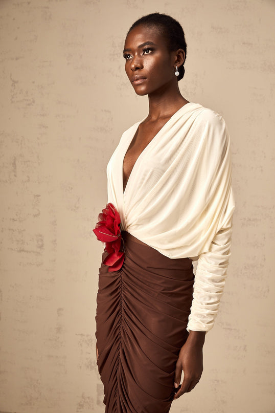 Paolina White Midi Dress with Flower Brooch Detail and Ruched Design