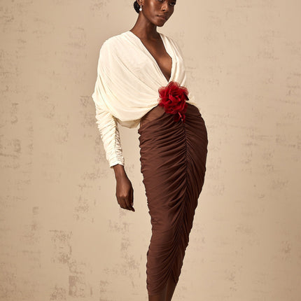 Paolina White Midi Dress with Flower Brooch Detail and Ruched Design
