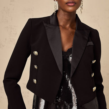 Paris Black Peak Lapel Blazer Embossed Gold Buttons Polyester Elastane