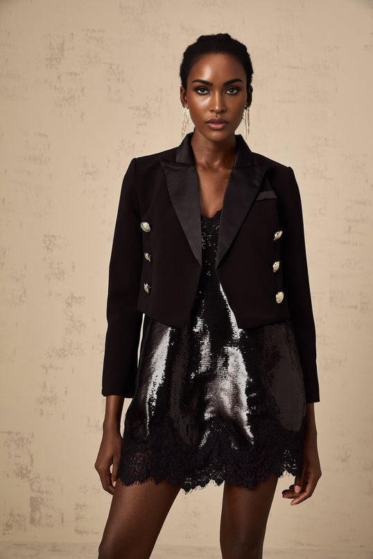 Paris Black Peak Lapel Blazer with Gold-Tone Buttons