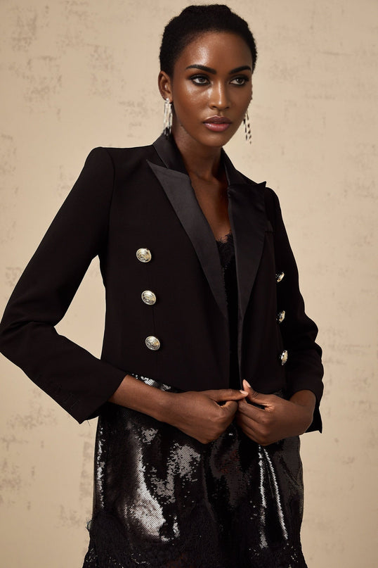 Paris Black Peak Lapel Blazer with Gold-tone Buttons
