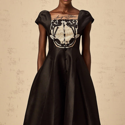 Paris Black Satin Midi Dress with Floral Appliqué and Cap Sleeves