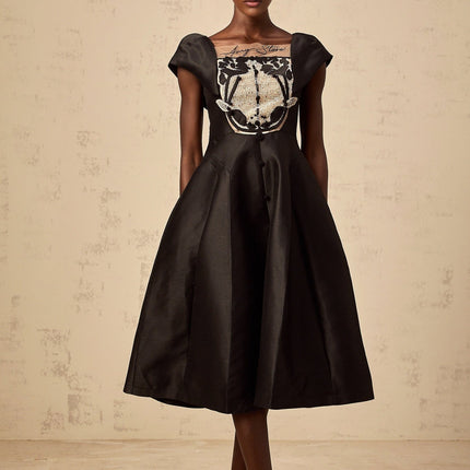 Paris Black Satin Midi Dress with Floral Appliqué