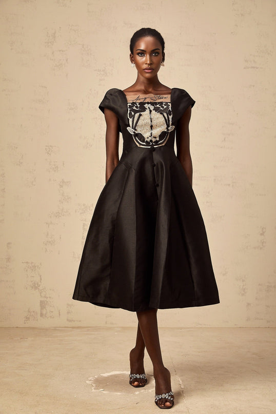 Paris Black Satin Midi Dress with Floral Appliqué