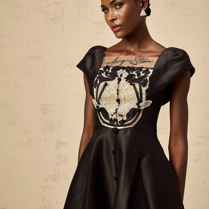 Paris Black Satin Midi Dress with Floral Appliqué