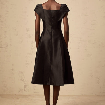 Paris Black Satin Midi Dress with Floral Appliqué and Cap Sleeves