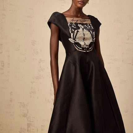 Paris Black Satin Midi Dress with Floral Appliqué