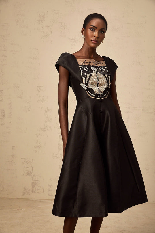 Paris Black Satin Midi Dress with Floral Appliqué