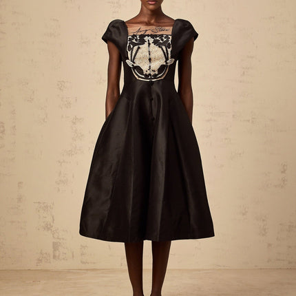 Paris Black Satin Midi Dress with Floral Appliqué and Cap Sleeves