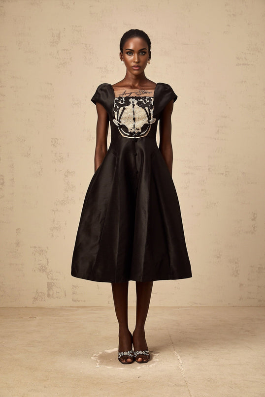 Paris Black Satin Midi Dress with Floral Appliqué and Cap Sleeves