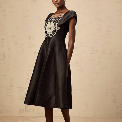 Paris Black Satin Midi Dress with Square Neck and Floral Appliqué