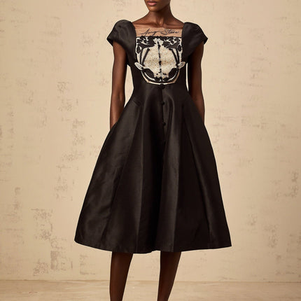 Paris Black Satin Midi Dress with Square Neck and Floral Appliqué